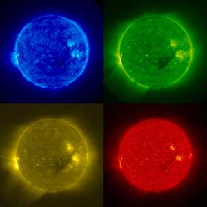 Mosaico de imágenes del Sol que representan diferentes temperaturas.