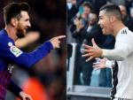 Leo Messi y Cristiano Ronaldo, con las camisetas de Barcelona y Juventus respectivamente.