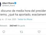 Albert Rivera critica el discurso de Pedro S&aacute;nchez a trav&eacute;s de Twitter.