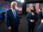 Former Vice President Joe Biden and his vice presidential running mate, Sen. Kamala Harris, D-Calif., chat after a Zoom interview with People Magazine at the Hotel duPont in Wilmington, DE, August 14, 2020 ( Lawrence Jackson/ Biden for President)