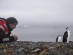 El actor Javier Bardem mira a unos ping&uuml;inos en Isla King Georg en el &Aacute;rtico, en la expedici&oacute;n junto a Greenpeace.