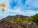 Vista del volc&aacute;n de Cumbre Vieja, en La Palma; y la informaci&oacute;n sobre la actividad volc&aacute;nica en la zona.