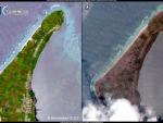 Kanokupolu, en la isla de Tongatapu, Tonga, antes (izq.) y después (dcha., cubierta de ceniza) de la erupción del volcán submarino Hunga Tonga-Hunga Ha'apai, en imágenes de satélite.