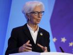 La presidenta del BCE, Christine Lagarde, comparece tras el anuncio de la decisi&oacute;n de pol&iacute;tica monetaria.
