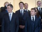 El presidente del Gobierno, Pedro S&aacute;nchez, el primer ministro de Canad&aacute;, Justin Trudeau, y el presidente de Francia, Emmanuel Macron, en una imagen de archivo.