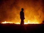 Un vecino ante las llamas mientras colabora en las labores de extinci&oacute;n del incendio de Cures, en Boiro, A Coru&ntilde;a.