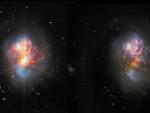La misma galaxia, vista por el telescopio Webb (izquierda) y el Hubble (derecha).