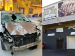 A la izquierda, imagen del estado en el que ha quedado el coche que ha provocado un atropello mortal en el exterior de un restaurante (derecha) de Torrej&oacute;n de Ardoz que celebraba una boda gitana.