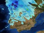 Mapa de la Pen&iacute;nsula que muestra la previsi&oacute;n de lluvia y nieve esta semana.
