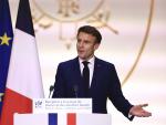 El presidente de Francia, Emmanuel Macron, emitiendo un discurso