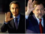 Zapatero y Rajoy saludan al final de su primer debate (REUTERS)