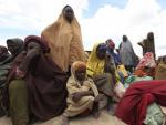 Varias familias esperan a ser trasladadas desde el campo de refugiados somal&iacute; de Ala-yasir, cerrado por las milicias de Al Shabab.