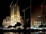 Combo de im&aacute;genes de la Sagrada Familia de Barcelona antes (i) y durante 'La Hora del Planeta' en 2011.