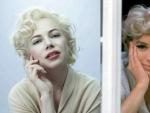 Michelle Williams, a la izquierda, caracterizada como Marilyn Monroe. A la derecha, la verdadera Marilyn.