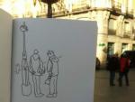 El ilustrador &Aacute;lvaro Reinoso ha dibujado lo ocurrido a pie de calle durante la jornada de huelga general y manifestaciones del 14-N en Madrid. En la imagen, el dibujo Calma chicha que muestra a los reporteros comentando la jugada en el todav&iacute;a tranquilo centro de la ciudad, a las 9.15 horas de la ma&ntilde;ana.
