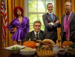 Barack Obama, George Clooney, sentado, Rihanna y Morgan Freeman en el Madame Tussauds de Londres. La composici&oacute;n se realiz&oacute; para conmemorar el d&iacute;a de acci&oacute;n de gracias.