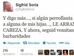Uno de los mensajes en Twitter que ha colgado el exdiputado Sigfrid Soria.