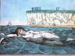 Grabado de Thomas Rowlandson (1756-1827) que representa a Venus nadando en el mar mientras un grupo de personas la contemplan desde los acantilados