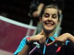 La jugadora de b&aacute;dminton onubense Carolina Mar&iacute;n celebra su victoria en el Europeo 2014.