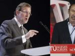Mariano Rajoy y Alfredo P&eacute;rez Rubalcaba, en dos m&iacute;tines de la campa&ntilde;a de las elecciones europeas.