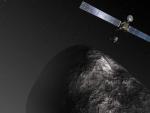 Recreaci&oacute;n art&iacute;stica de la sonda Rosetta aproxim&aacute;ndose al cometa Churyumov-Gerasimenko.