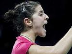 La jugadora espa&ntilde;ola Carolina Mar&iacute;n celebra su victoria en las semifinales del Mundial de b&aacute;dminton.