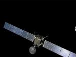 Una imagen generada por ordenador de la sonda Rosetta siguiendo al cometa 67-P.