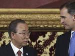 El Rey Felipe VI recibe al secretario general de la ONU, Ban Ki-moon, en el Palacio Real.