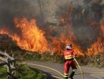Personal de la Unidad Militar de Emergencias en labores de extinci&oacute;n de un incendio forestal en Asturias.