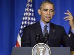 El presidente estadounidense Barack Obama, pronuncia su discurso durante una rueda de prensa en la sede de la OCDE en Par&iacute;s, Francia.