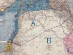 Mapa firmado por Mark Sykes y Fran&ccedil;ois Georges-Picot en 1916, con el reparto de Oriente Pr&oacute;ximo entre Francia (zona A) y Gran Breta&ntilde;a (zona B), con Palestina bajo administraci&oacute;n internacional.
