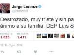 Condolencias de Jorge Lorenzo en Twitter por la muerte de Luis Salom en Montmel&oacute;.