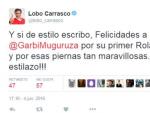 Tuit de Lobo Carrasco tras la victoria de Garbi&ntilde;e Muguruza en Roland Garros.