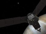 Recreaci&oacute;n de la sonda espacial Juno llegando a J&uacute;piter.