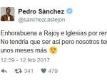 Tuit de S&aacute;nchez felicitando a Rajoy e Iglesias.