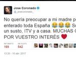 Mensaje del actor Jos&eacute; Coronado en Twitter tras sufrir un infarto.