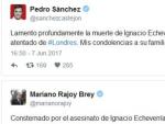 Pedro S&aacute;nchez y Mariano Rajoy lamentan el fallecimiento de Ignacio Echeverr&iacute;a en Twitter.