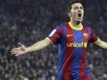 David Villa celebra un gol con el Barcelona.