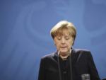 La canciller alemana, Angela Merkel, en una comparecencia institucional en la sede de la Canciller&iacute;a en Berl&iacute;n (Alemania).