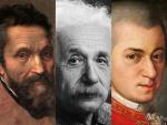 De izquierda a derecha, Michelangelo Buonarroti, Albert Einstein, Wolfgang Amadeus Mozart y Charles Chaplin.