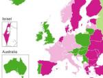 Mapa de Europa que refleja qu&eacute; pa&iacute;ses lleva canciones tristes o alegres a Eurovisi&oacute;n.