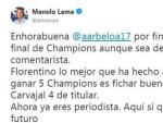Tuit de Manolo Lama contra &Aacute;lvaro Arbeloa.