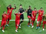 Jugadores de la selecci&oacute;n de B&eacute;lgica celebran su victoria ante Brasil en cuartos de final del Mundial de Rusia 2018.