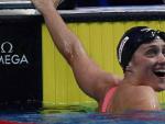 La nadadora espa&ntilde;ola Mireia Belmonte tras conseguir la medalla de plata en la final de los 1.500m libres femeninos del Mundial de Nataci&oacute;n que se disputa en Budapest (Hungr&iacute;a).