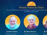 Los retratos de los tres ganadores del Nobel de F&iacute;sica.