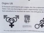 Uno de los carteles aparecidos en la Facultad de Matem&aacute;ticas de la Universitat de Barcelona (UB) invitando a los alumnos a formar parte de org&iacute;as y que han sido retirados por el centro educativo.