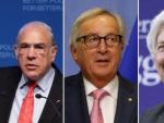 Gurr&iacute;a (OCDE), Juncker (CE) y Largade (FMI).