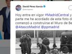 Tuit de David P&eacute;rez, alcalde de Alcorc&oacute;n, en el que compara Madrid Central con el muro de Berl&iacute;n.