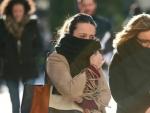 Una mujer se protege del fr&iacute;o y viento en Madrid.