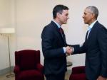 Fotograf&iacute;a del encuentro entre el expresidente de Estados Unidos Barack Obama y el presidente del Gobierno espa&ntilde;ol, Pedro S&aacute;nchez, en Madrid.